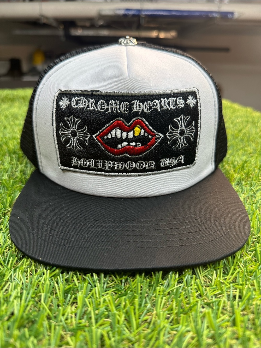 Chrome Hearts Black White Trucker Hat with Red Lip Patch